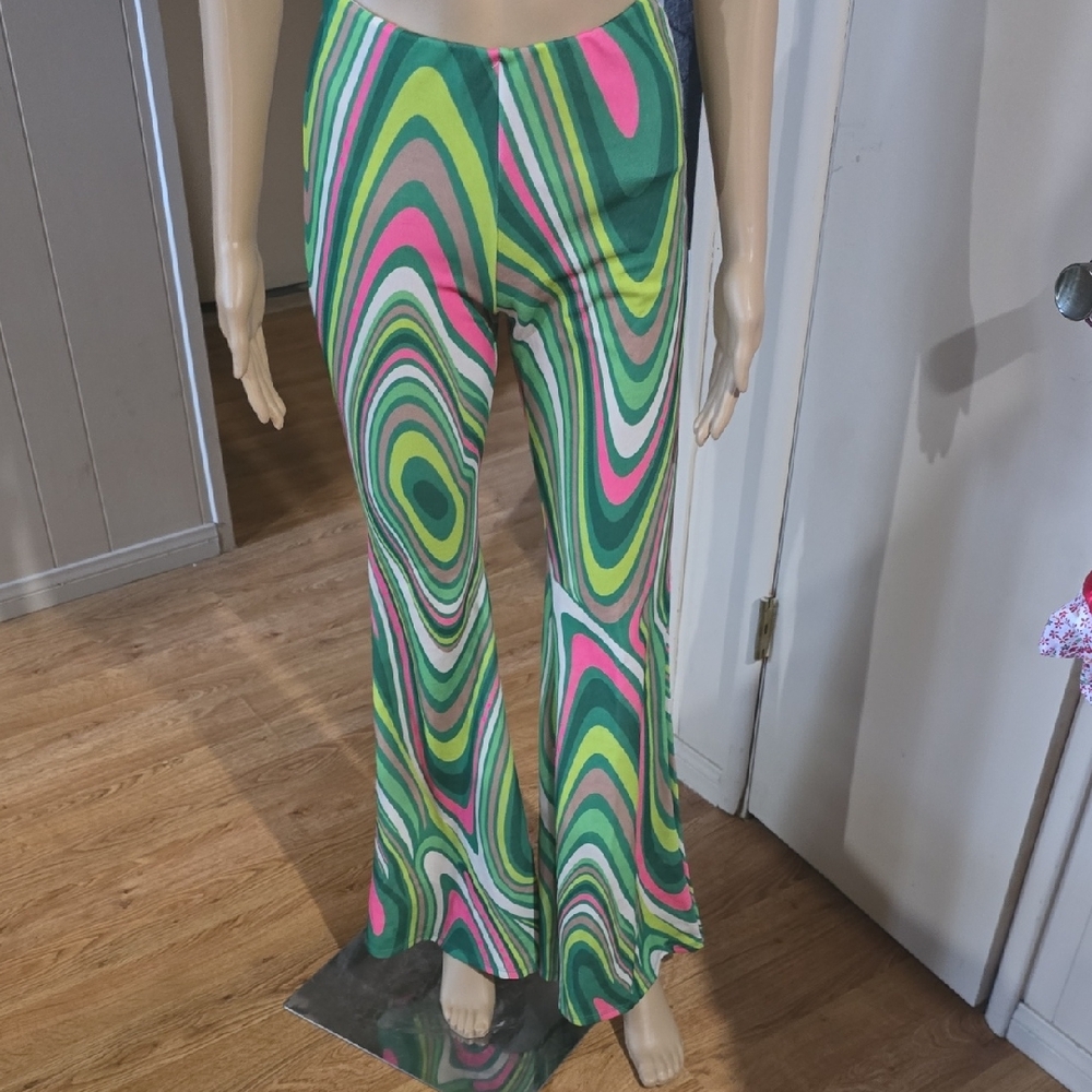 Vibrant, Vintage Green and Pink Psychadelic Swirl Patterned Flare Pants